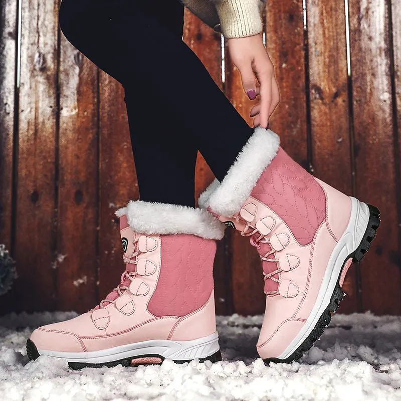 Women Waterproof Mid-Calf Winter Boots with Cozy Fur Lining and Non-Slip Sole Pink And White