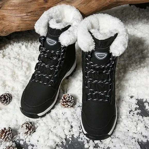 Women Waterproof Mid-Calf Winter Boots with Cozy Fur Lining and Non-Slip Sole Pink And White