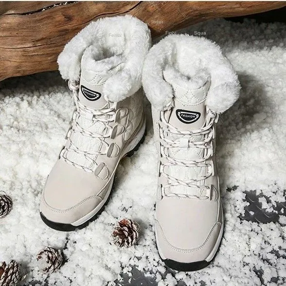 Women Waterproof Mid-Calf Winter Boots with Cozy Fur Lining and Non-Slip Sole Pink And White