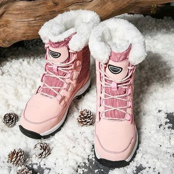 Women Waterproof Mid-Calf Winter Boots with Cozy Fur Lining and Non-Slip Sole Pink And White