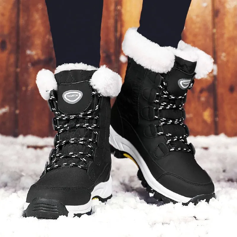 Women Waterproof Mid-Calf Winter Boots with Cozy Fur Lining and Non-Slip Sole Pink And White