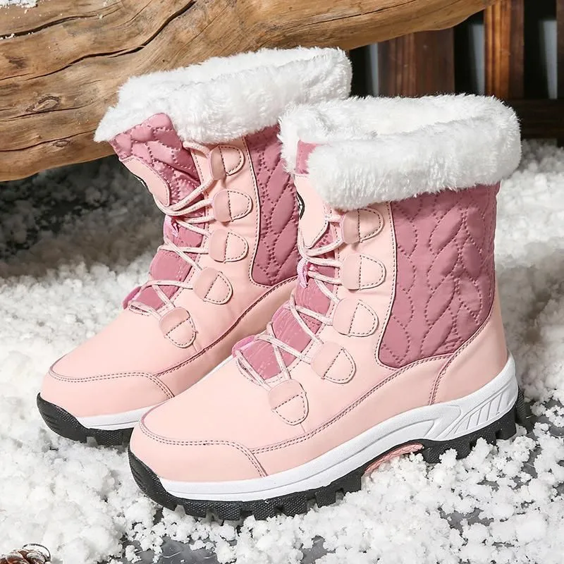 Women Waterproof Mid-Calf Winter Boots with Cozy Fur Lining and Non-Slip Sole Pink And White