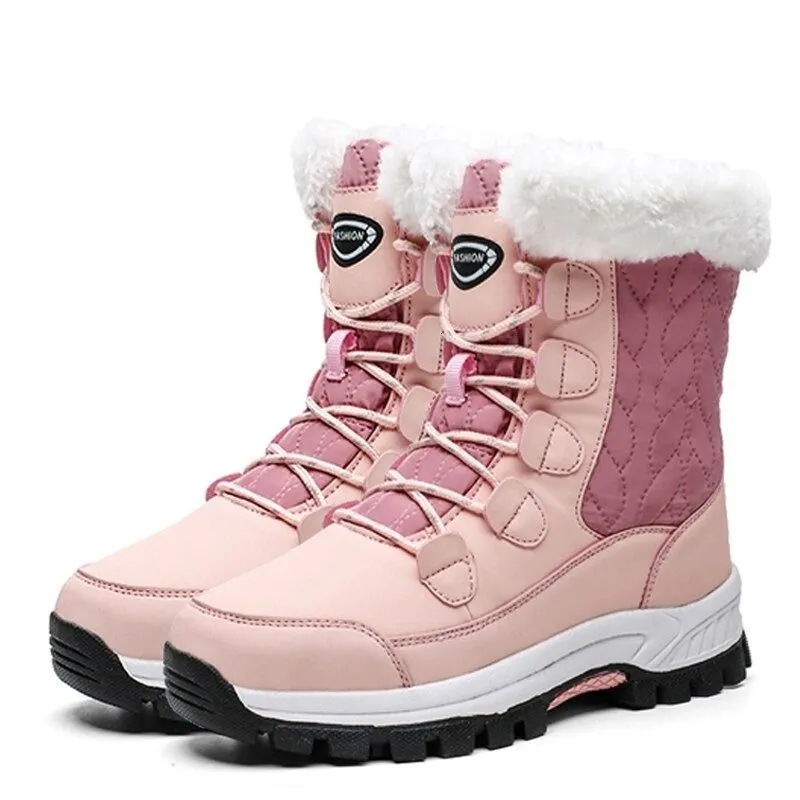 Women Waterproof Mid-Calf Winter Boots with Cozy Fur Lining and Non-Slip Sole Pink And White