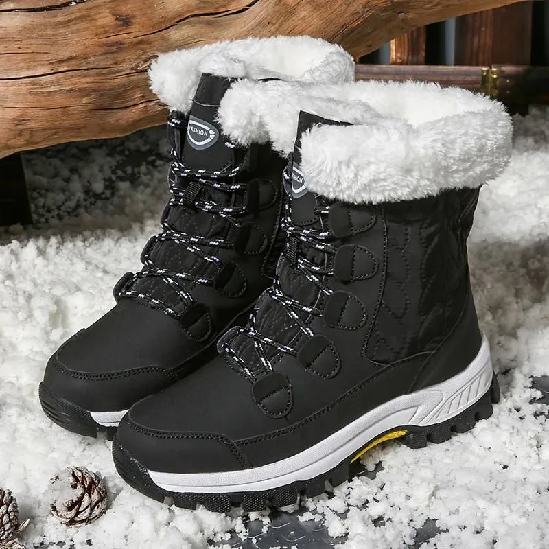 Women Waterproof Mid-Calf Winter Boots with Cozy Fur Lining and Non-Slip Sole Pink And White