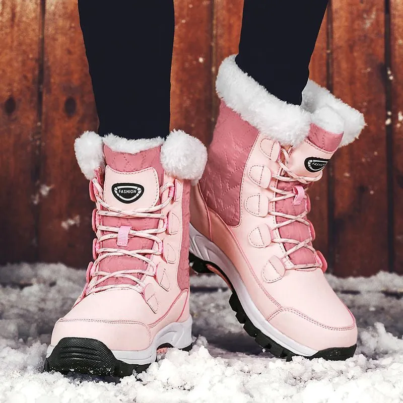 Women Waterproof Mid-Calf Winter Boots with Cozy Fur Lining and Non-Slip Sole Pink And White